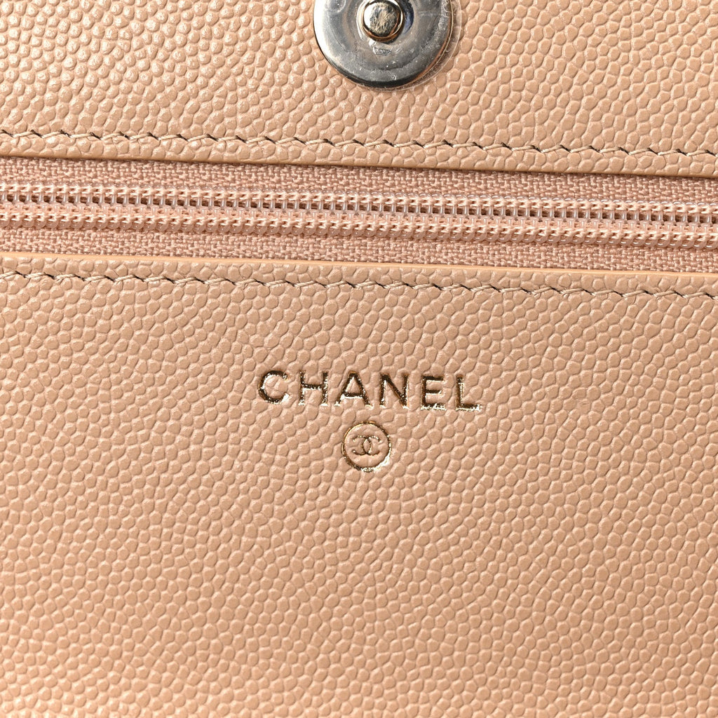 Caviar Quilted Crystal CC Wallet On Chain WOC Beige wholesalehk.shop