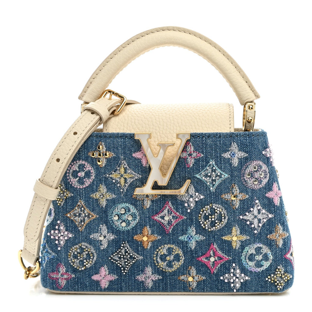 Denim Lurex Beaded Calfskin Capucines Mini Blue Cream £¨ Direct shipment via from wholesalehk.shop