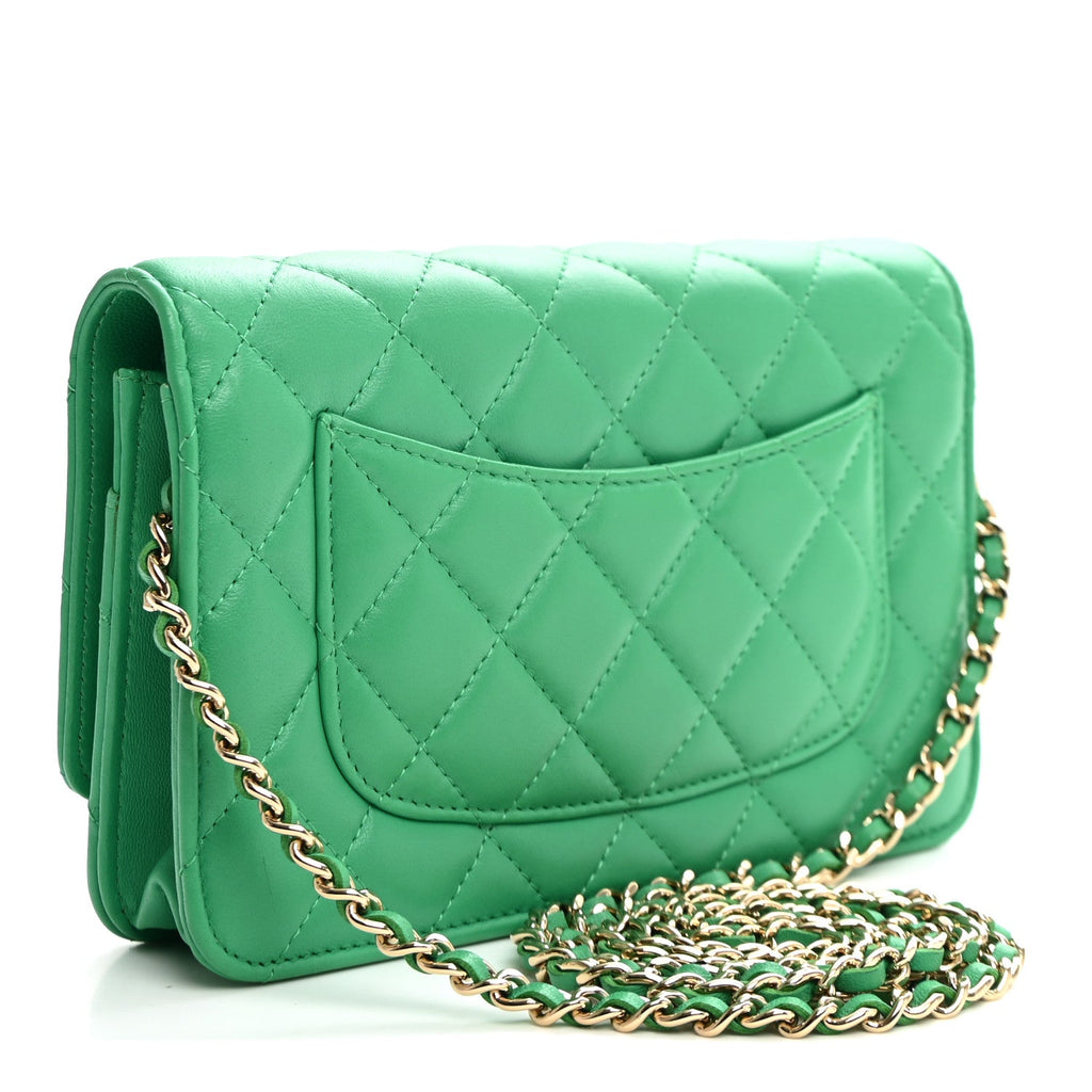 Lambskin Quilted Wallet On Chain WOC Green wholesalehk.shop