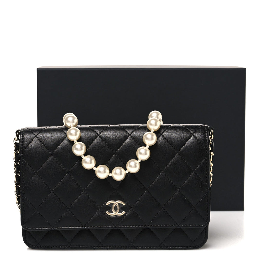 Lambskin Quilted Pearl Wallet On Chain WOC Black wholesalehk.shop