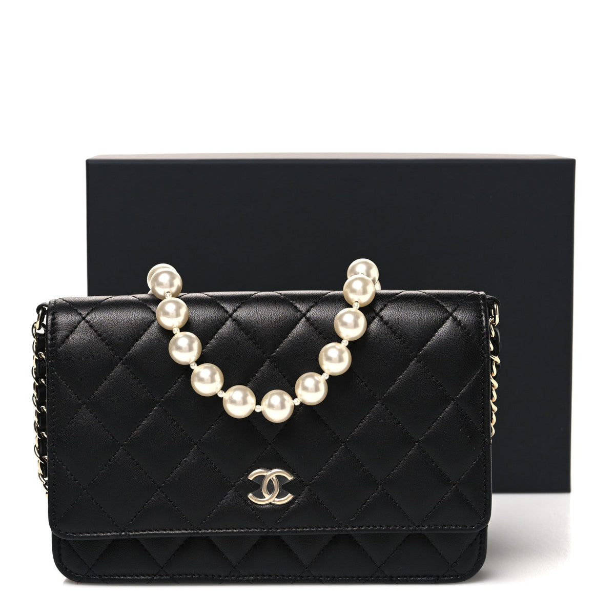 Lambskin Quilted Pearl Wallet On Chain WOC Black wholesalehk.shop