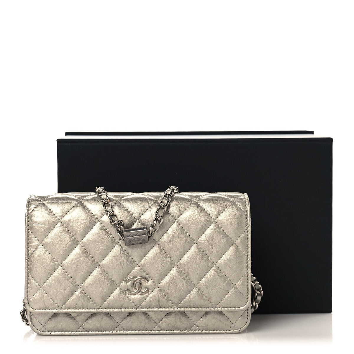 Metallic Crumpled Calfskin Quilted Flap Charm Wallet On Chain WOC Silver wholesalehk.shop