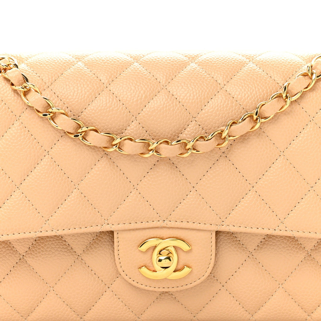 Caviar Quilted Medium Double Flap Beige wholesalehk.shop