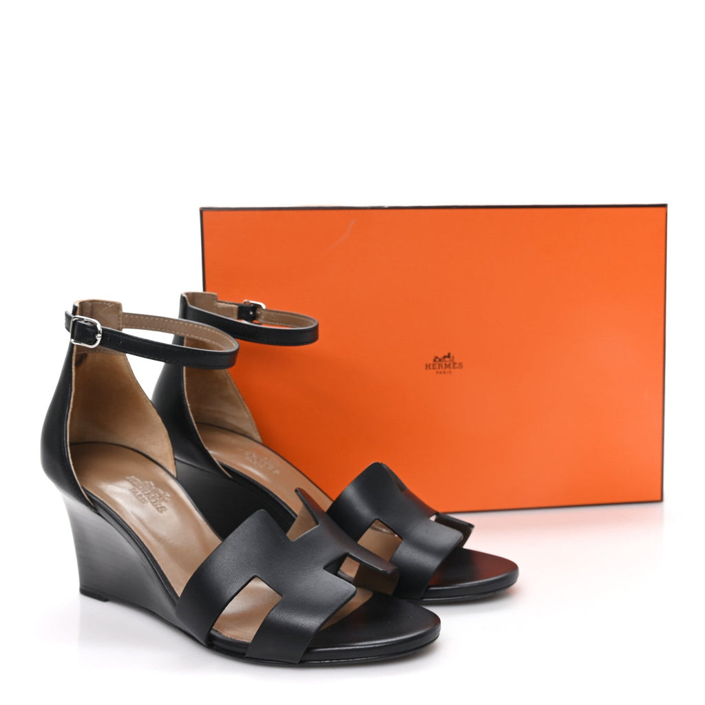 Calfskin Legend Wedge Sandals 36.5 Black wholesalehk.shop
