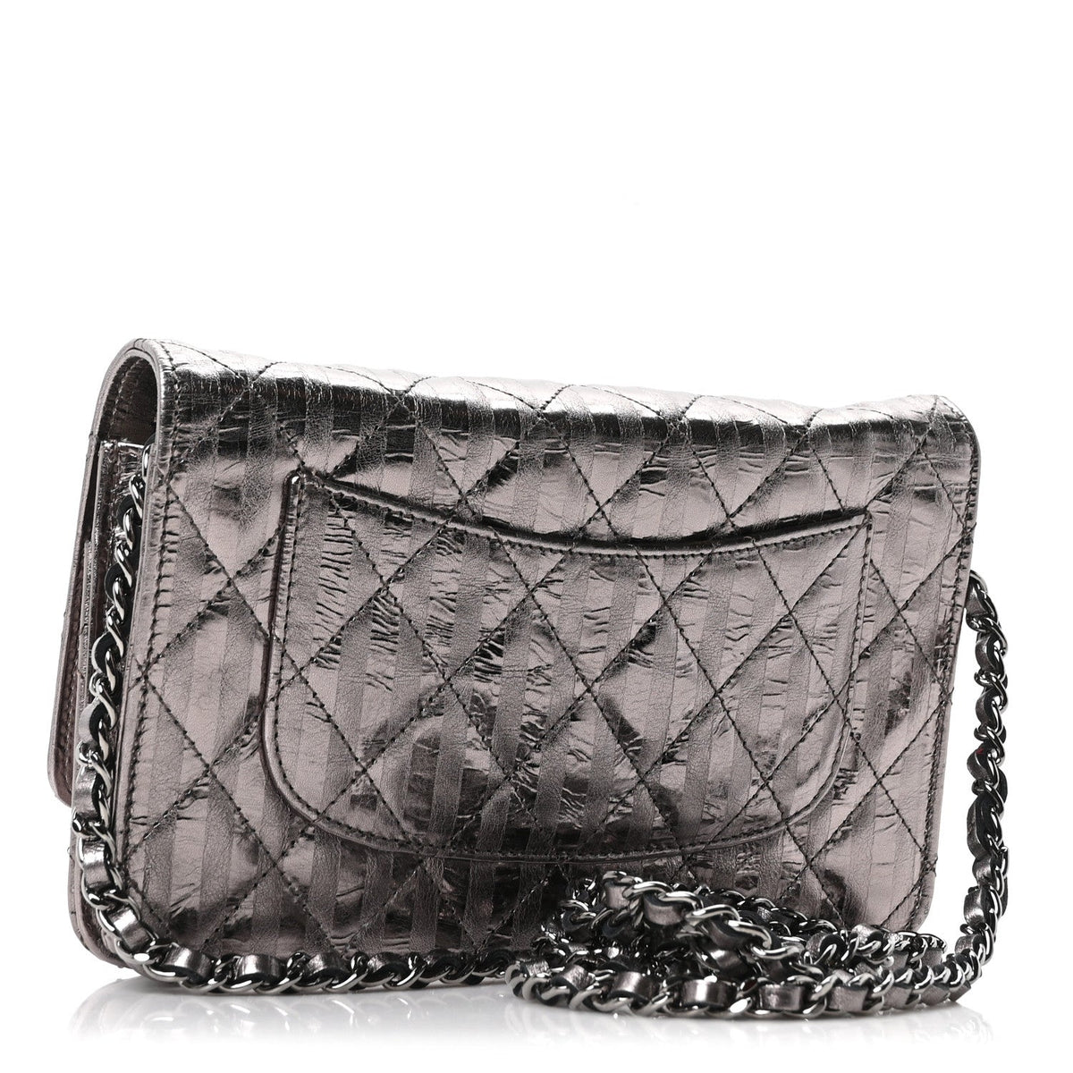 Metallic Striped Calfskin Reissue Wallet On Chain WOC Silver wholesalehk.shop