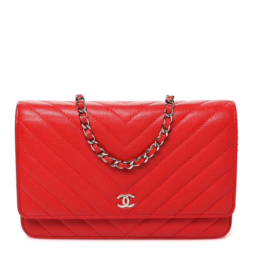 Caviar Chevron Quilted Wallet On Chain WOC Red wholesalehk.shop