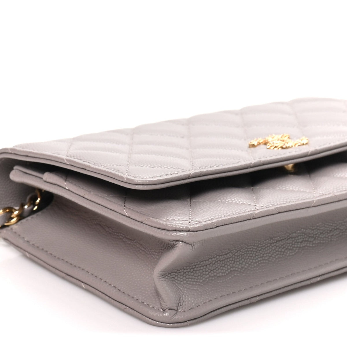 Grained Calfskin Quilted Strass CC Wallet On Chain WOC Dark Grey wholesalehk.shop