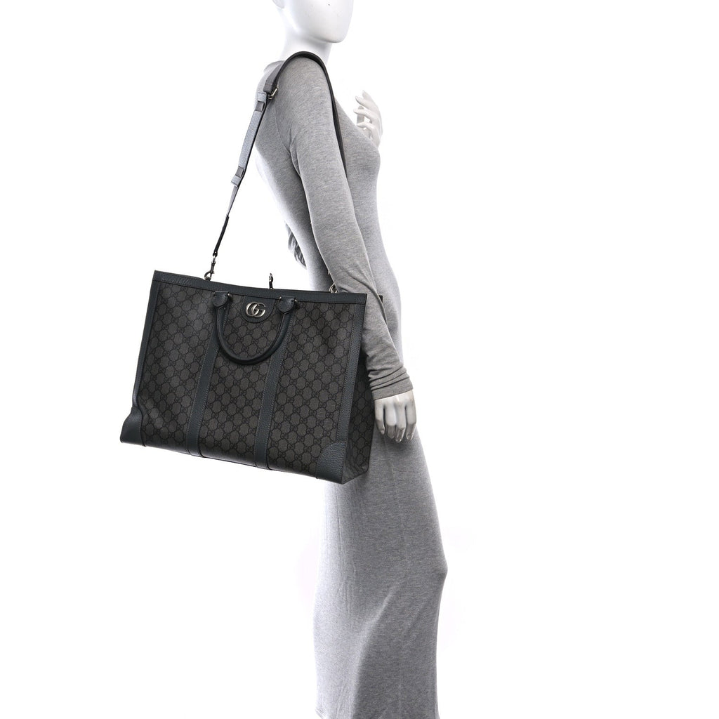 GG Supreme Monogram Textured Dollar Calfskin Large Ophidia Tote Bag Grey Black Graphite Grey wholesalehk.shop