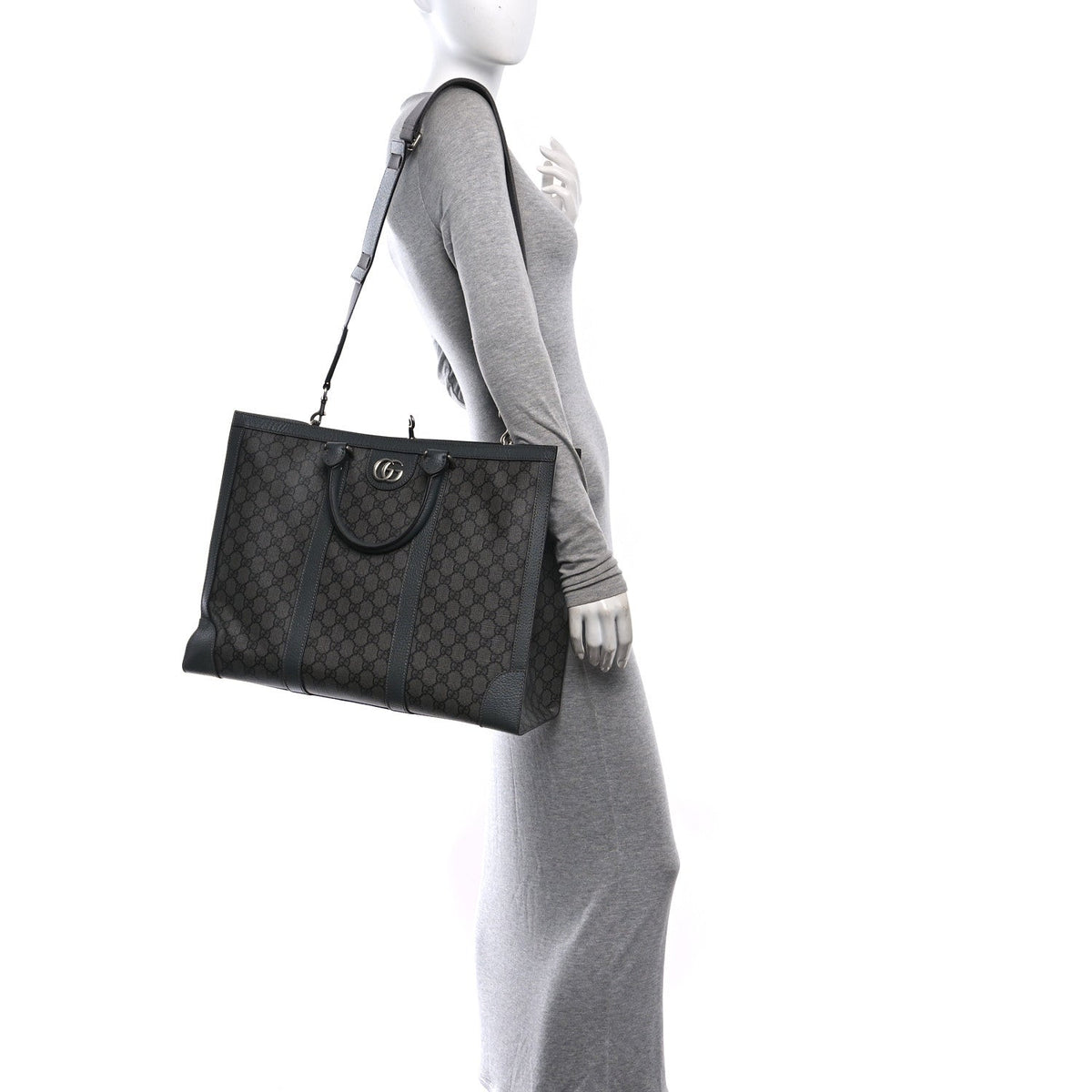 GG Supreme Monogram Textured Dollar Calfskin Large Ophidia Tote Bag Grey Black Graphite Grey wholesalehk.shop