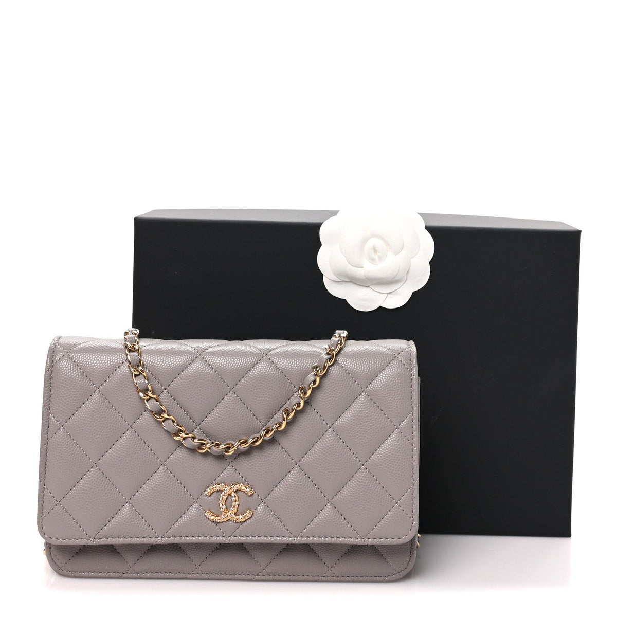 Grained Calfskin Quilted Strass CC Wallet On Chain WOC Dark Grey wholesalehk.shop