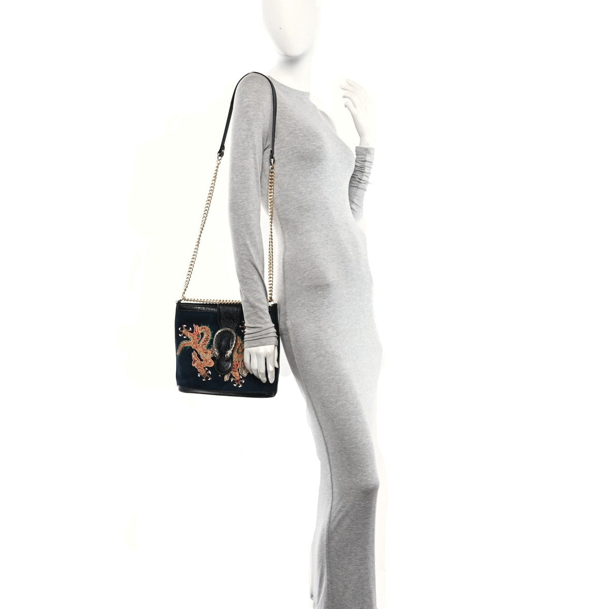Suede Patent Dragon Embroidered Medium Dionysus Bucket Bag Dark Blue wholesalehk.shop