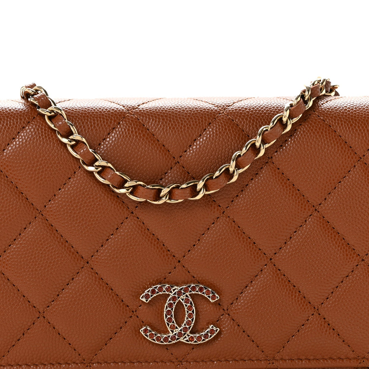 Shiny Caviar Quilted Strass Wallet On Chain WOC Light Brown wholesalehk.shop