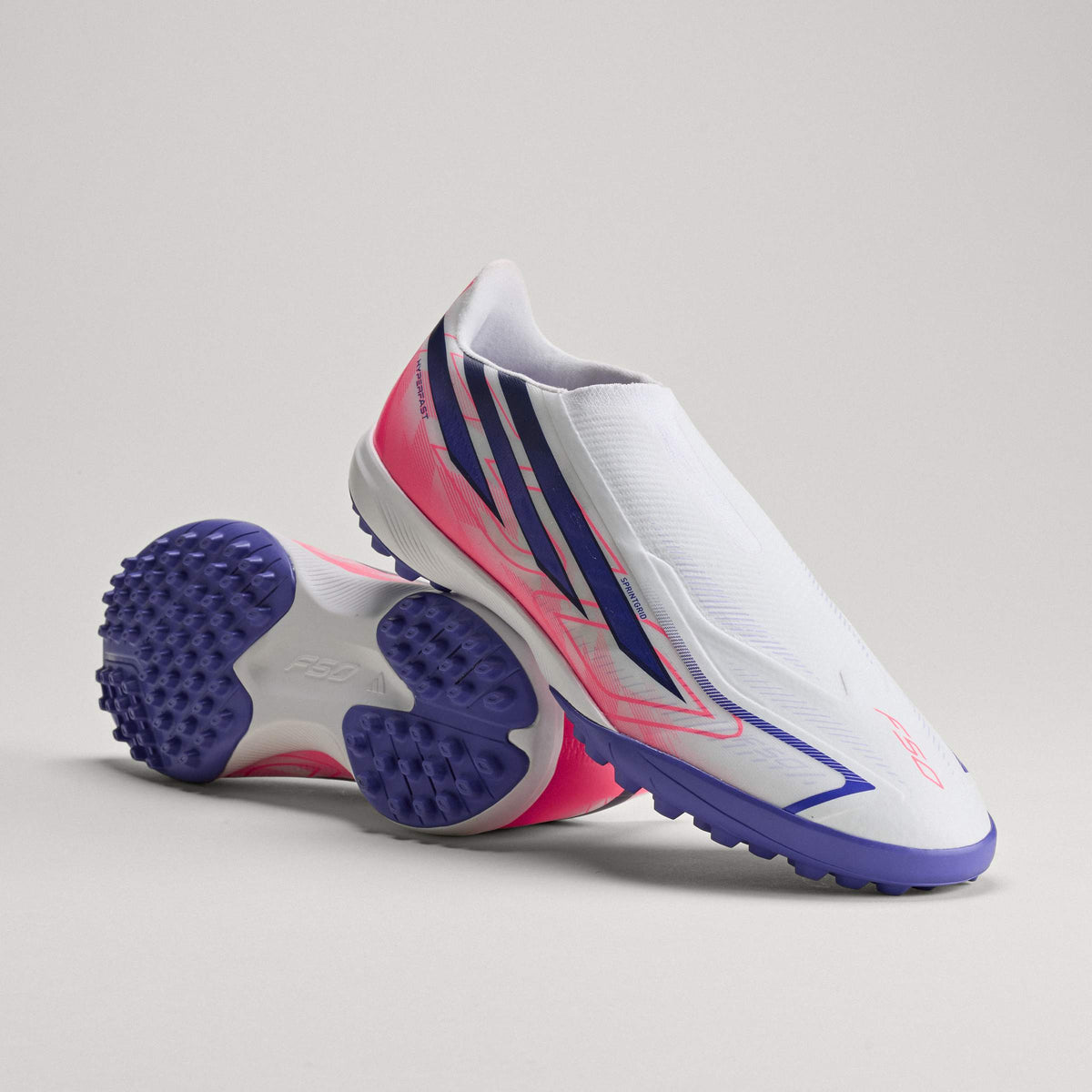 2026 New Arrival adidas F50 Hyperfast League Laceless Turf Men's Soccer Cleats - White/Purple/Solar Turbo wholesalehk.shop