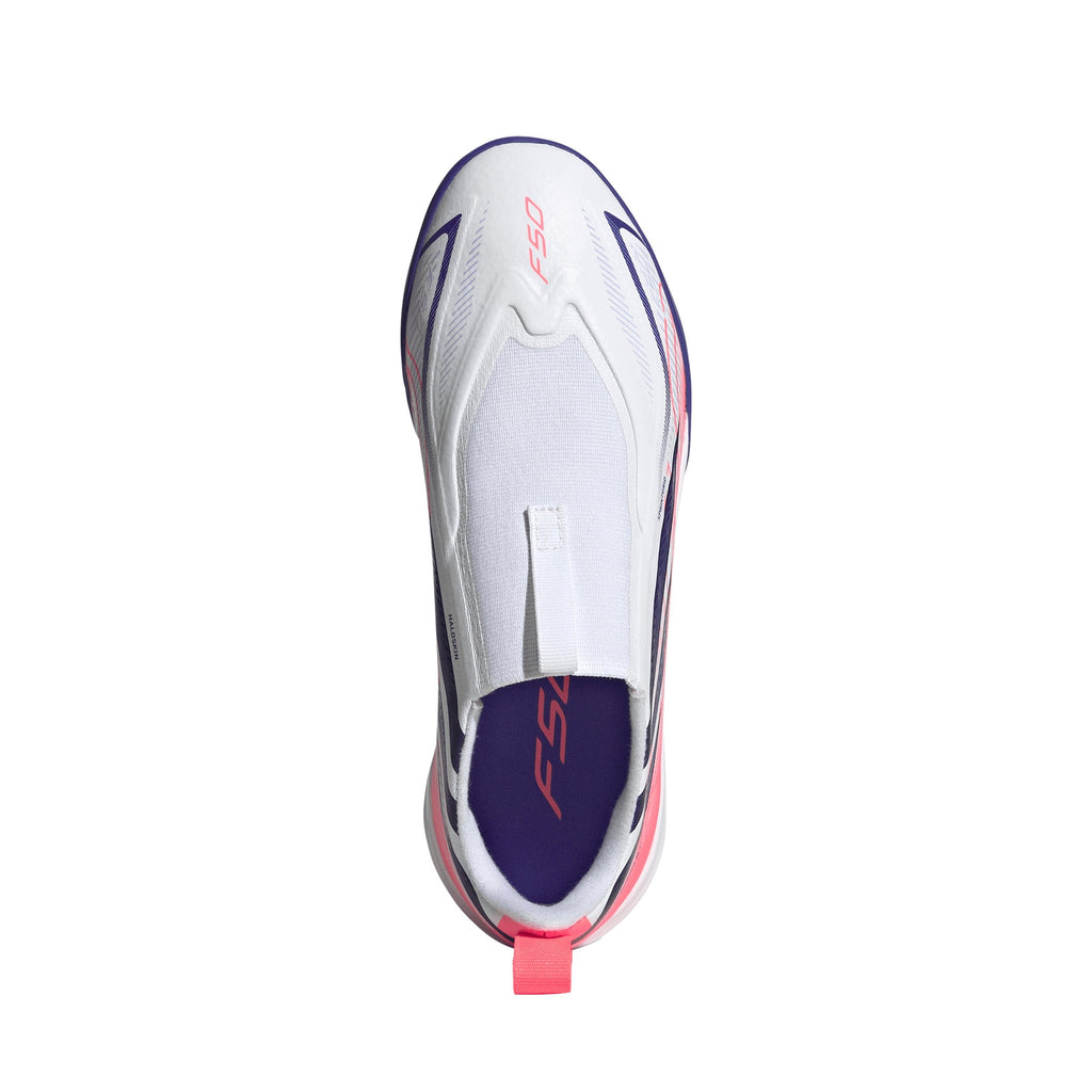 2026 New Arrival adidas F50 Hyperfast League Laceless Turf Youth Soccer Cleats - White/Purple wholesalehk.shop