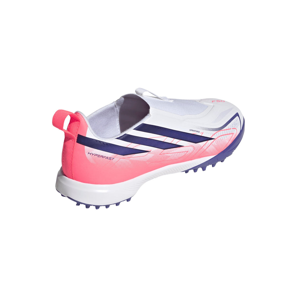2026 New Arrival adidas F50 Hyperfast League Laceless Turf Youth Soccer Cleats - White/Purple wholesalehk.shop