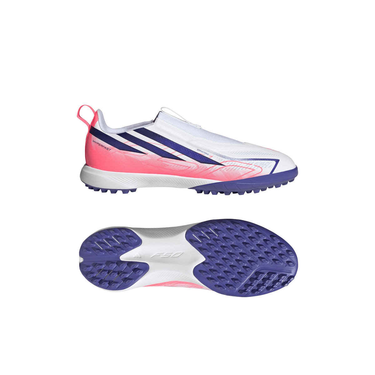 2026 New Arrival adidas F50 Hyperfast League Laceless Turf Youth Soccer Cleats - White/Purple wholesalehk.shop