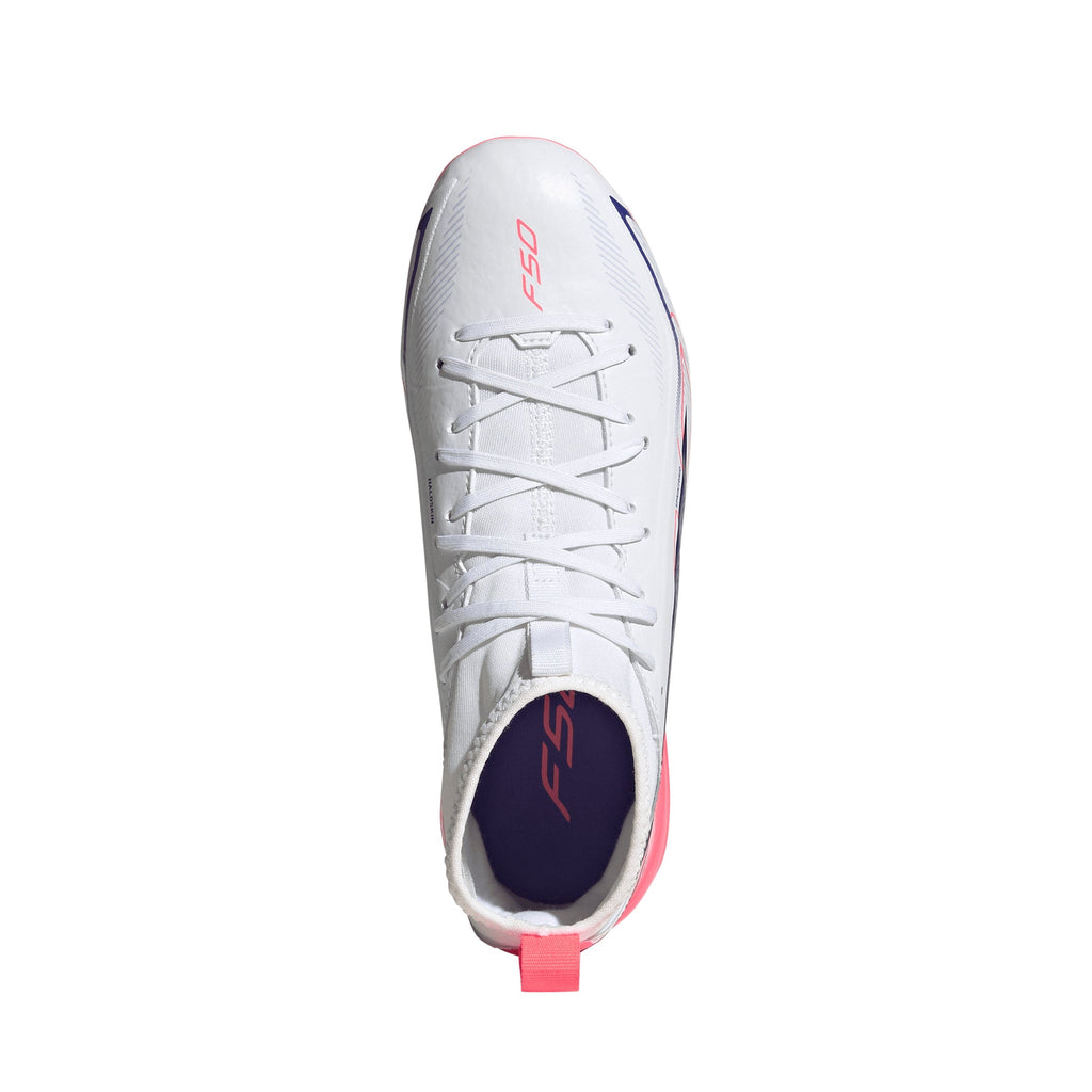 2026 New Arrival adidas F50 Hyperfast League Mid Firm Ground Youth Soccer Cleats - White/Purple wholesalehk.shop