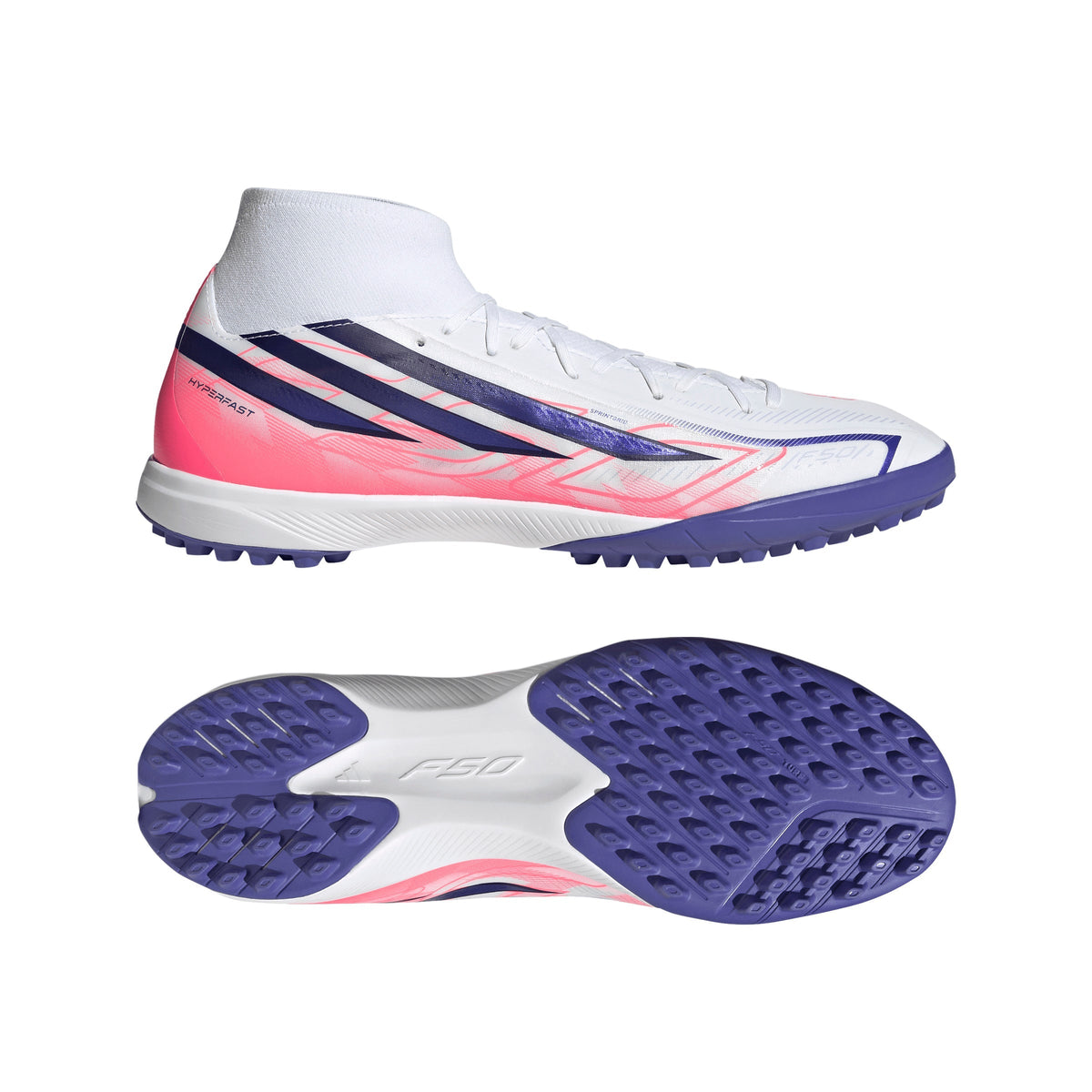 2026 New Arrival adidas F50 Hyperfast League Mid Turf Men's Soccer Cleats - White/Purple/Solar Turbo wholesalehk.shop