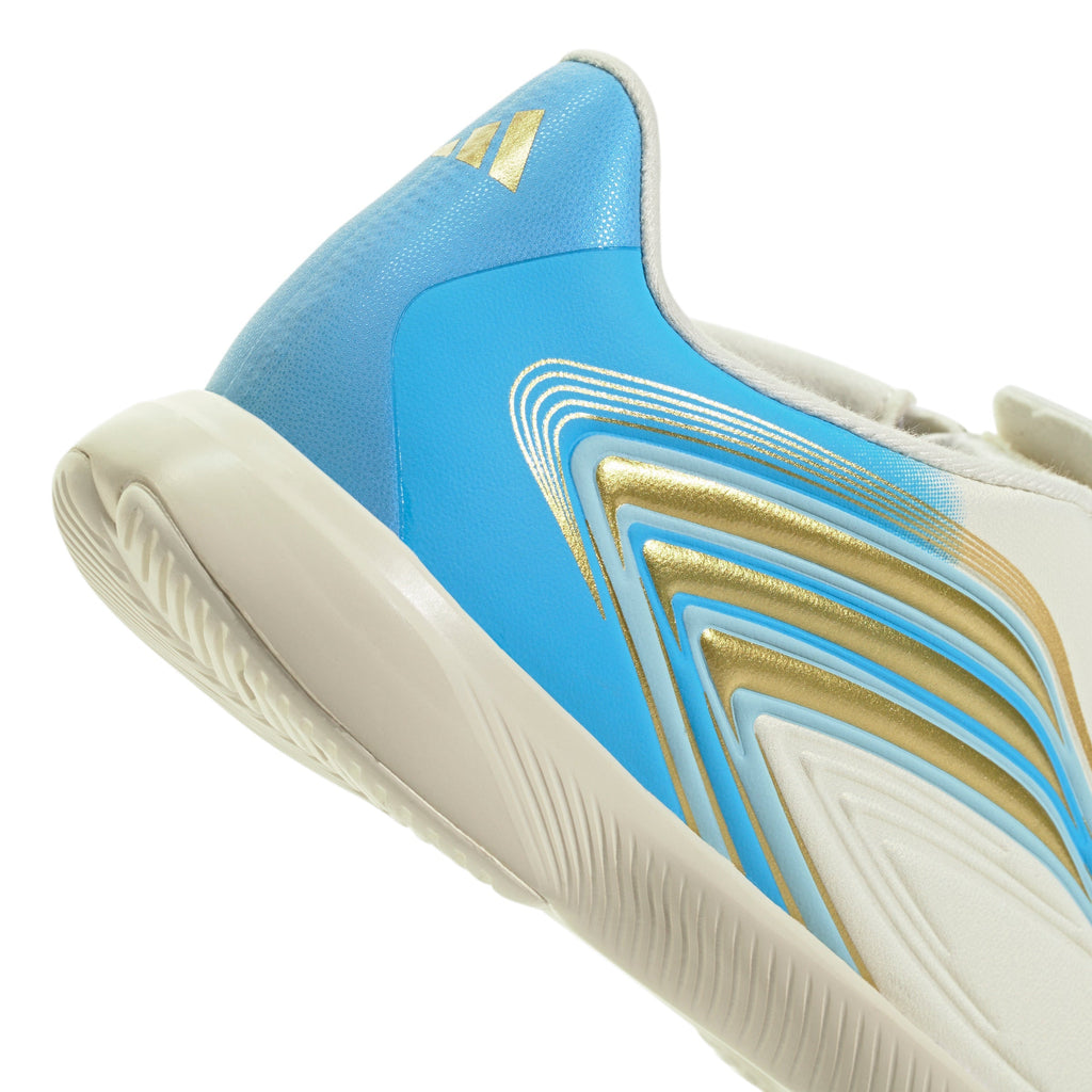 2026 New Arrival adidas F50 Messi League Laceless IN Indoor Youth Soccer Shoes - Ivory/Blue wholesalehk.shop