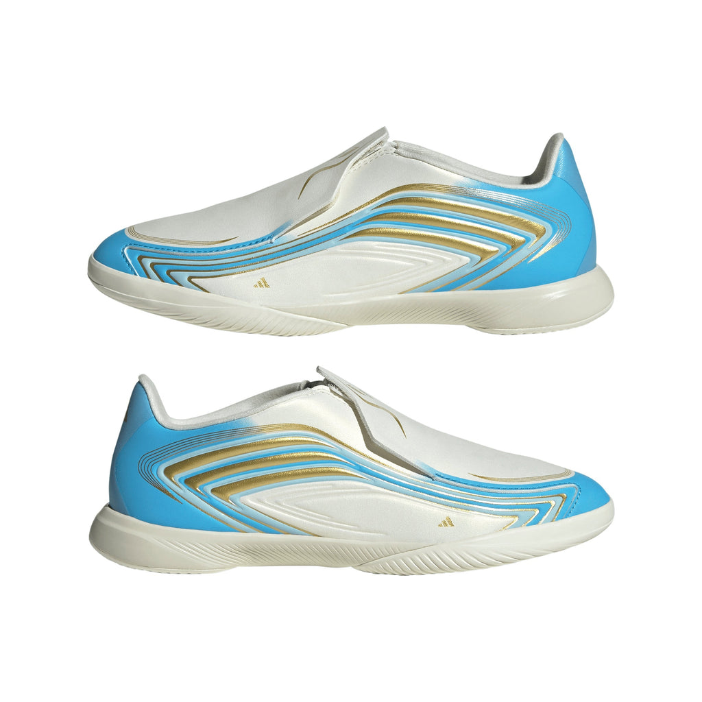 2026 New Arrival adidas F50 Messi League Laceless IN Indoor Youth Soccer Shoes - Ivory/Blue wholesalehk.shop
