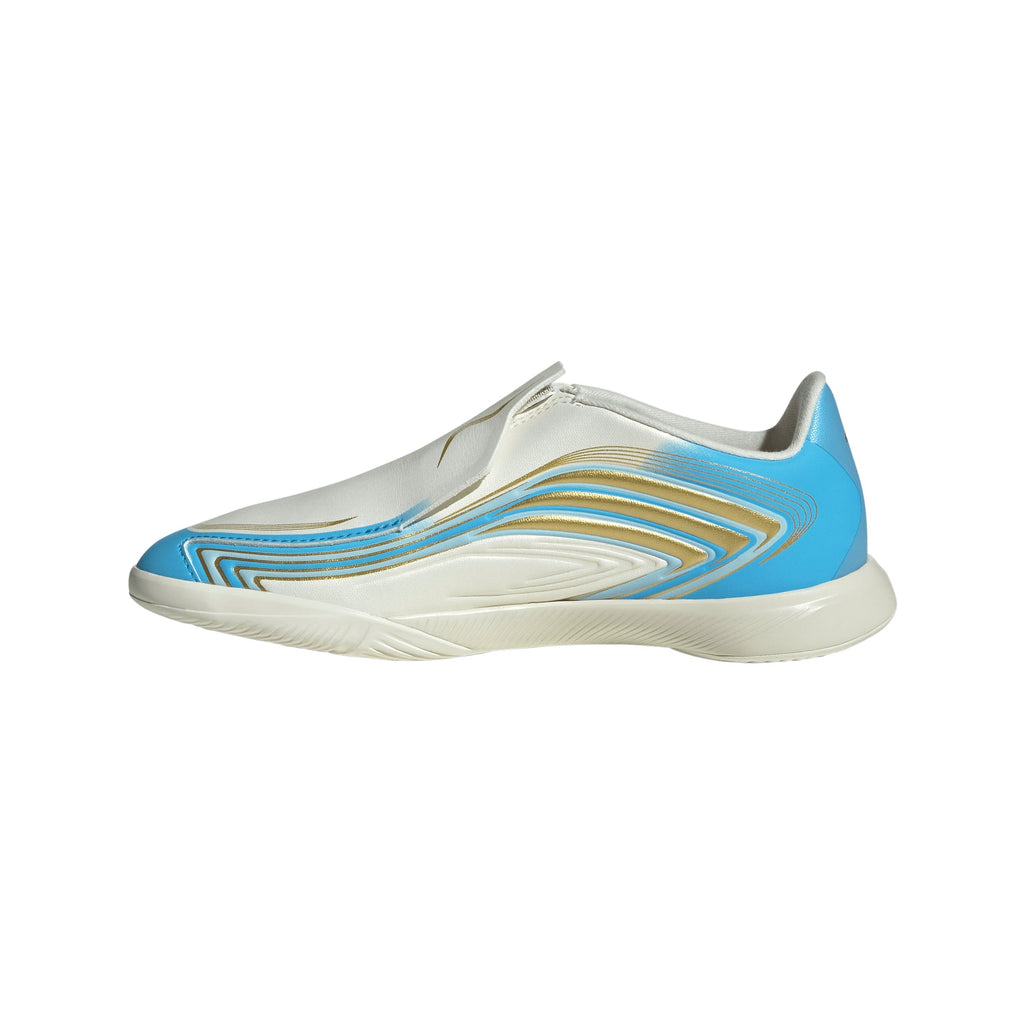 2026 New Arrival adidas F50 Messi League Laceless IN Indoor Youth Soccer Shoes - Ivory/Blue wholesalehk.shop