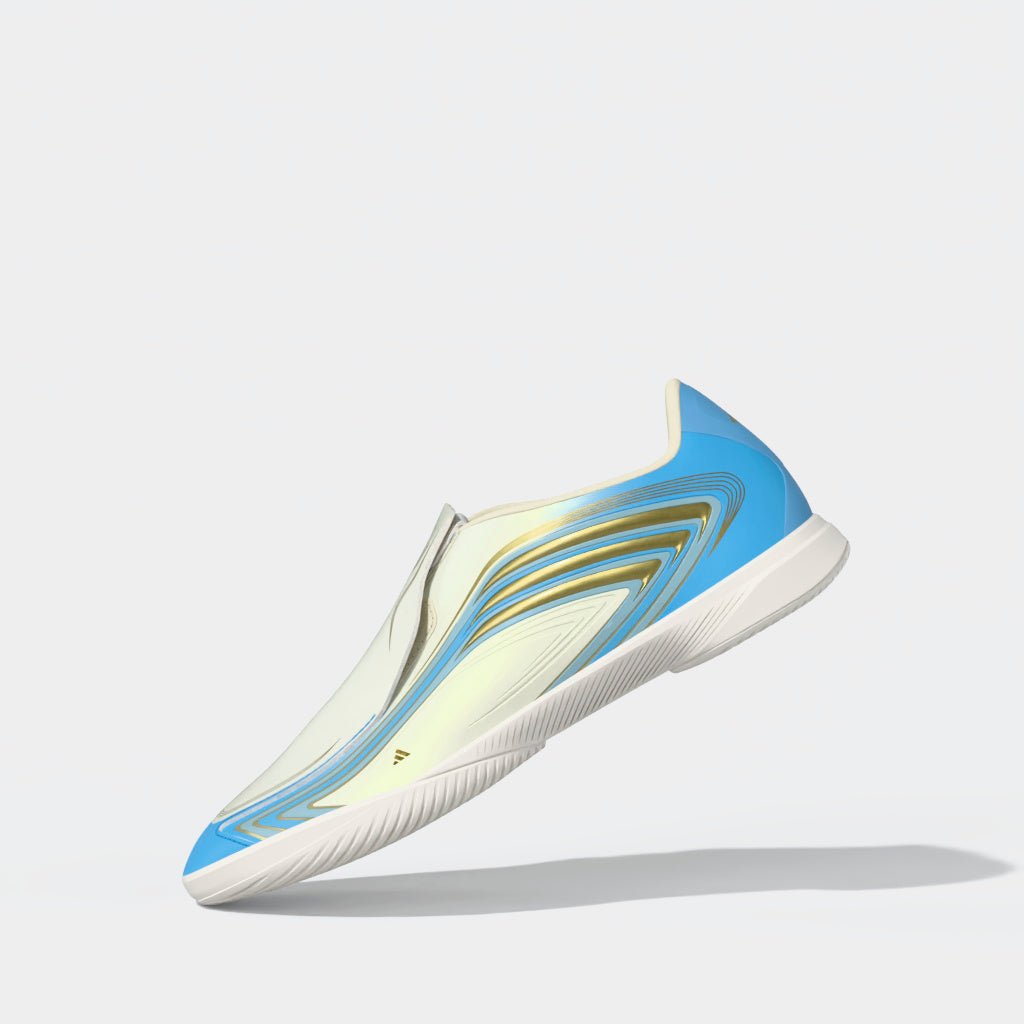 2026 New Arrival adidas F50 Messi League Laceless IN Indoor Youth Soccer Shoes - Ivory/Blue wholesalehk.shop