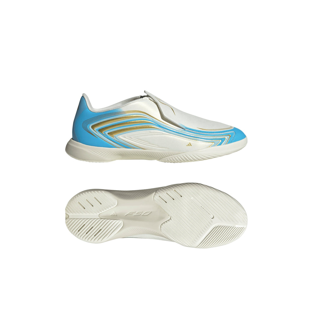 2026 New Arrival adidas F50 Messi League Laceless IN Indoor Youth Soccer Shoes - Ivory/Blue wholesalehk.shop
