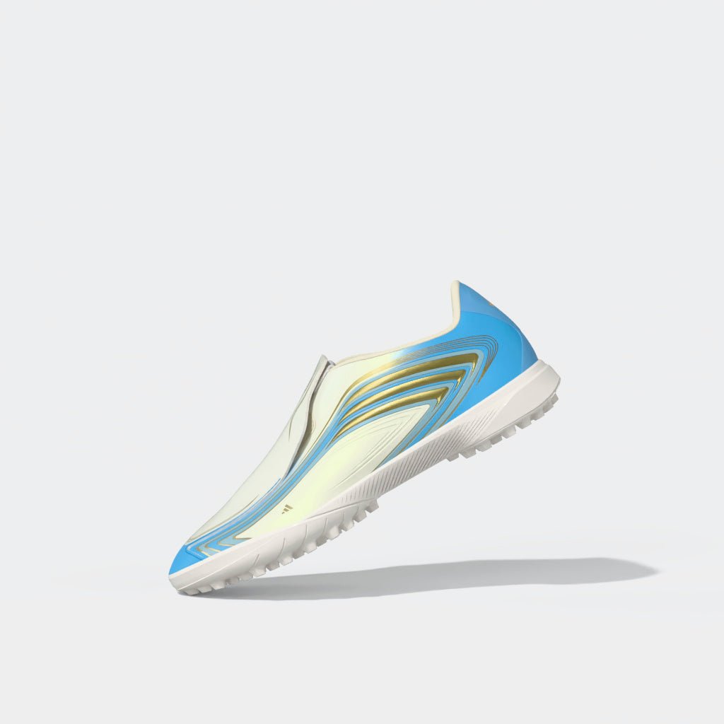 2026 New Arrival adidas F50 Messi League Laceless TF Turf Youth Soccer Cleats - Ivory/Blue wholesalehk.shop