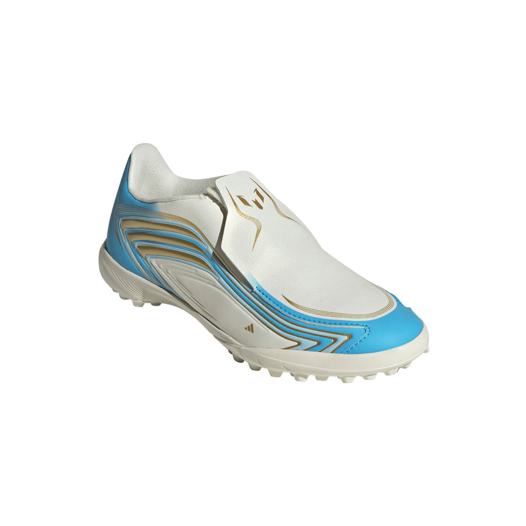 2026 New Arrival adidas F50 Messi League Laceless TF Turf Youth Soccer Cleats - Ivory/Blue wholesalehk.shop