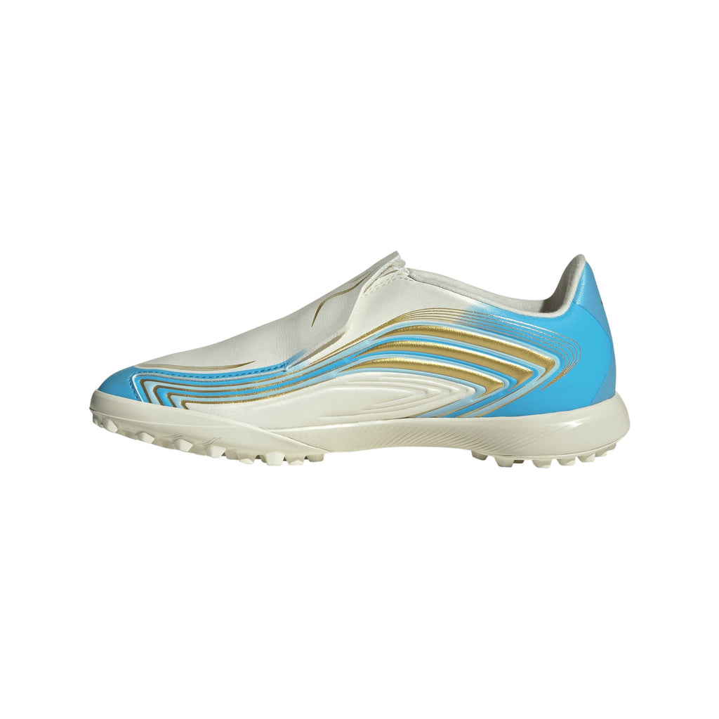 2026 New Arrival adidas F50 Messi League Laceless TF Turf Youth Soccer Cleats - Ivory/Blue wholesalehk.shop