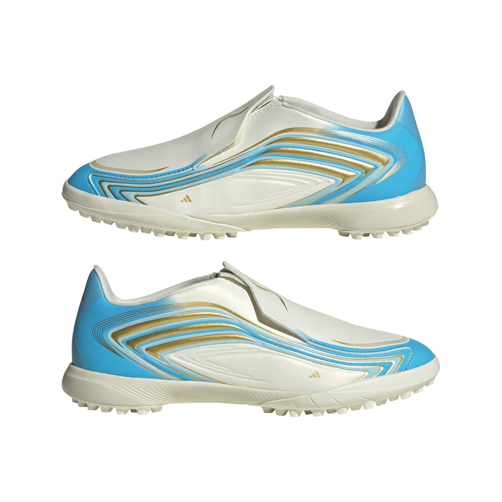 2026 New Arrival adidas F50 Messi League Laceless TF Turf Youth Soccer Cleats - Ivory/Blue wholesalehk.shop