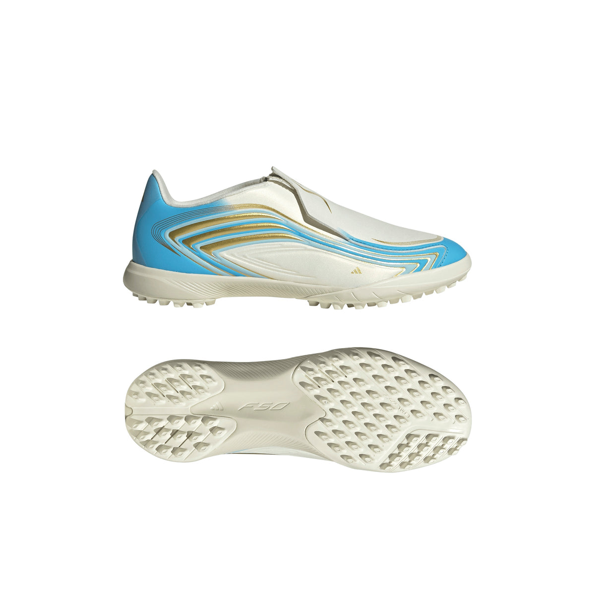 2026 New Arrival adidas F50 Messi League Laceless TF Turf Youth Soccer Cleats - Ivory/Blue wholesalehk.shop