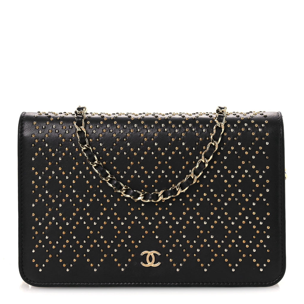 Lambskin Studded Wallet on Chain WOC Grey wholesalehk.shop
