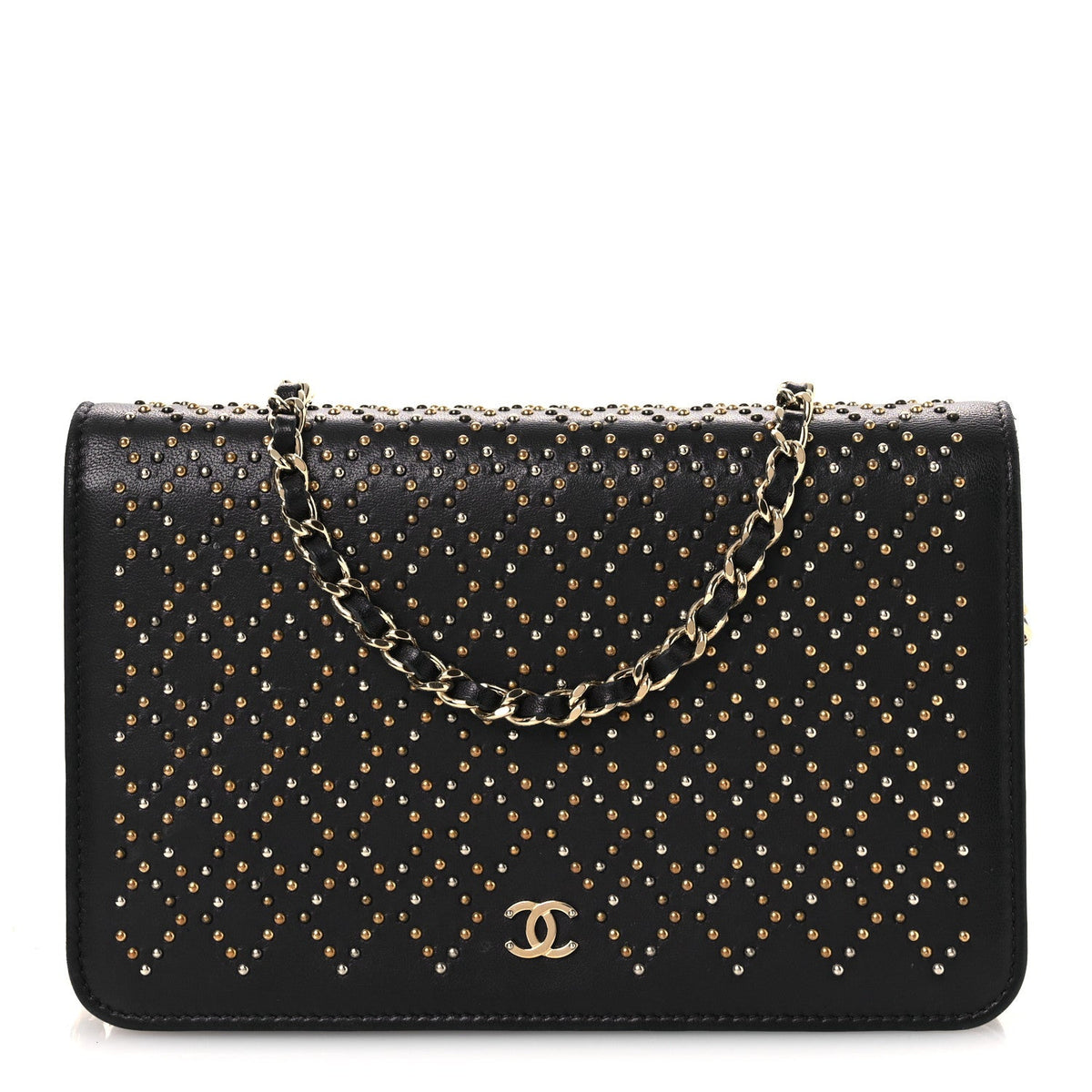 Lambskin Studded Wallet on Chain WOC Grey wholesalehk.shop