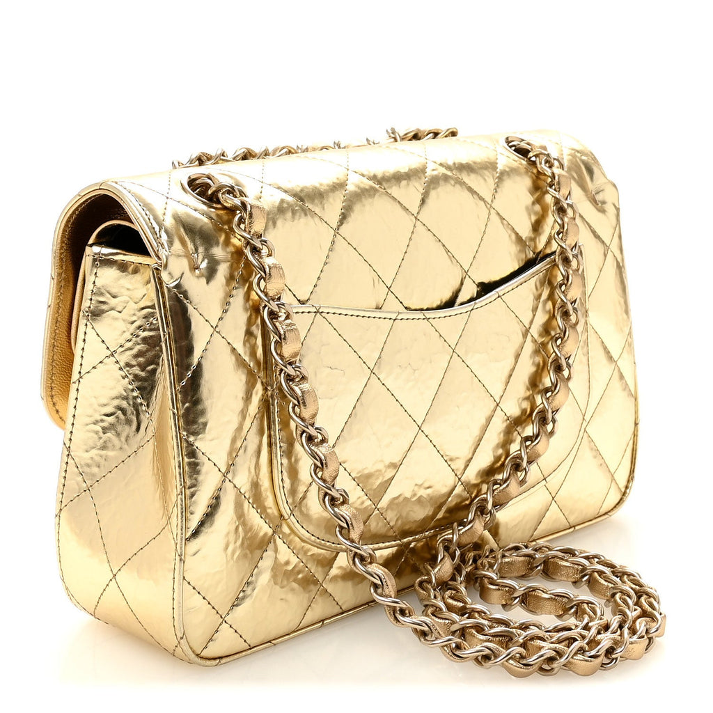 Hammered Metallic Calfskin Quilted Small Double Flap Gold wholesalehk.shop