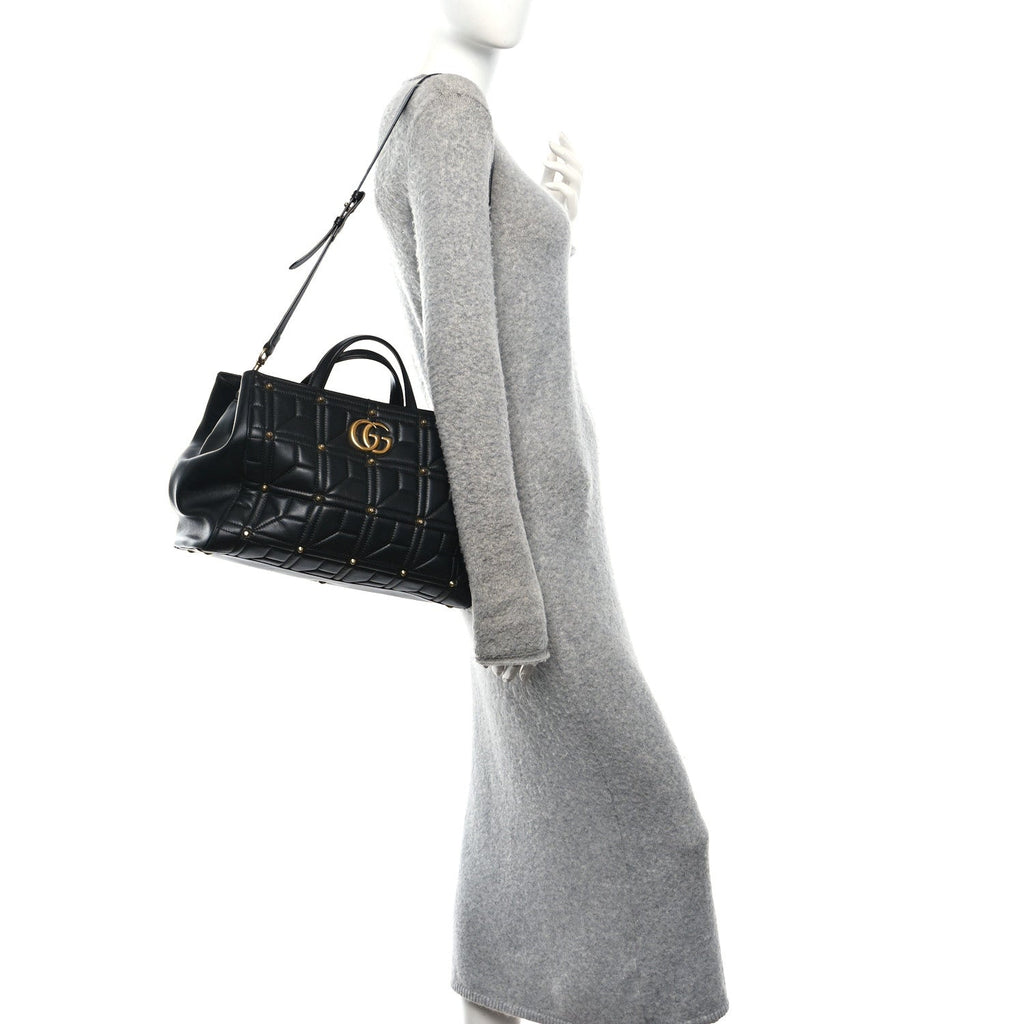Calfskin Matelasse Studded Medium GG Marmont Tote Black wholesalehk.shop