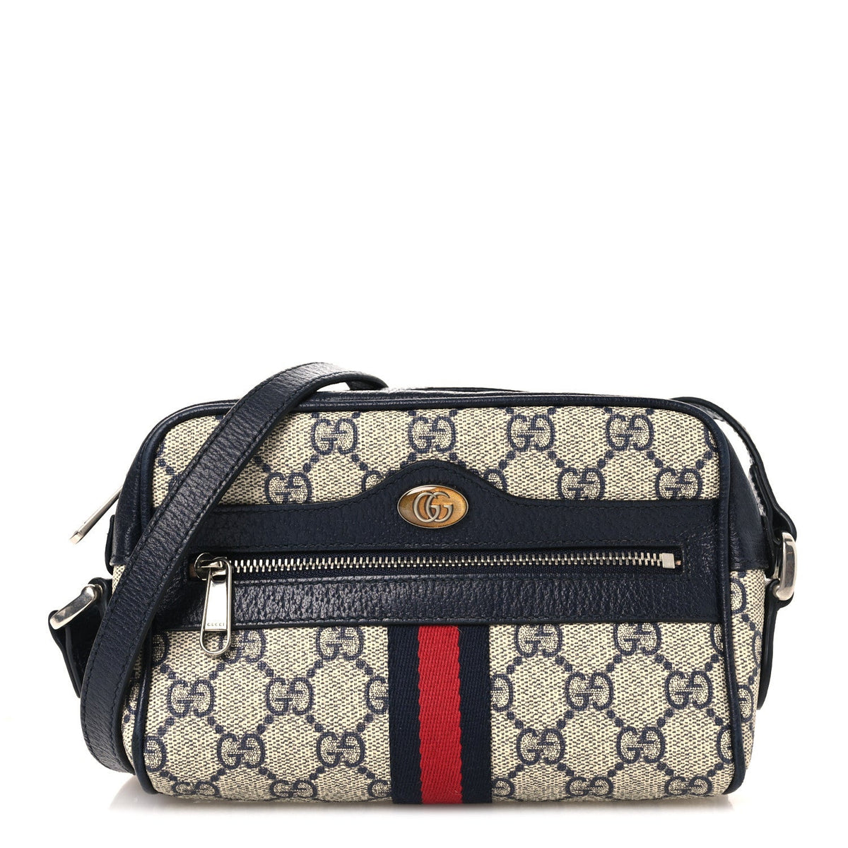 GG Supreme Monogram Textured Dollar Calfskin Web Mini Ophidia Shoulder Bag Beige Blue wholesalehk.shop