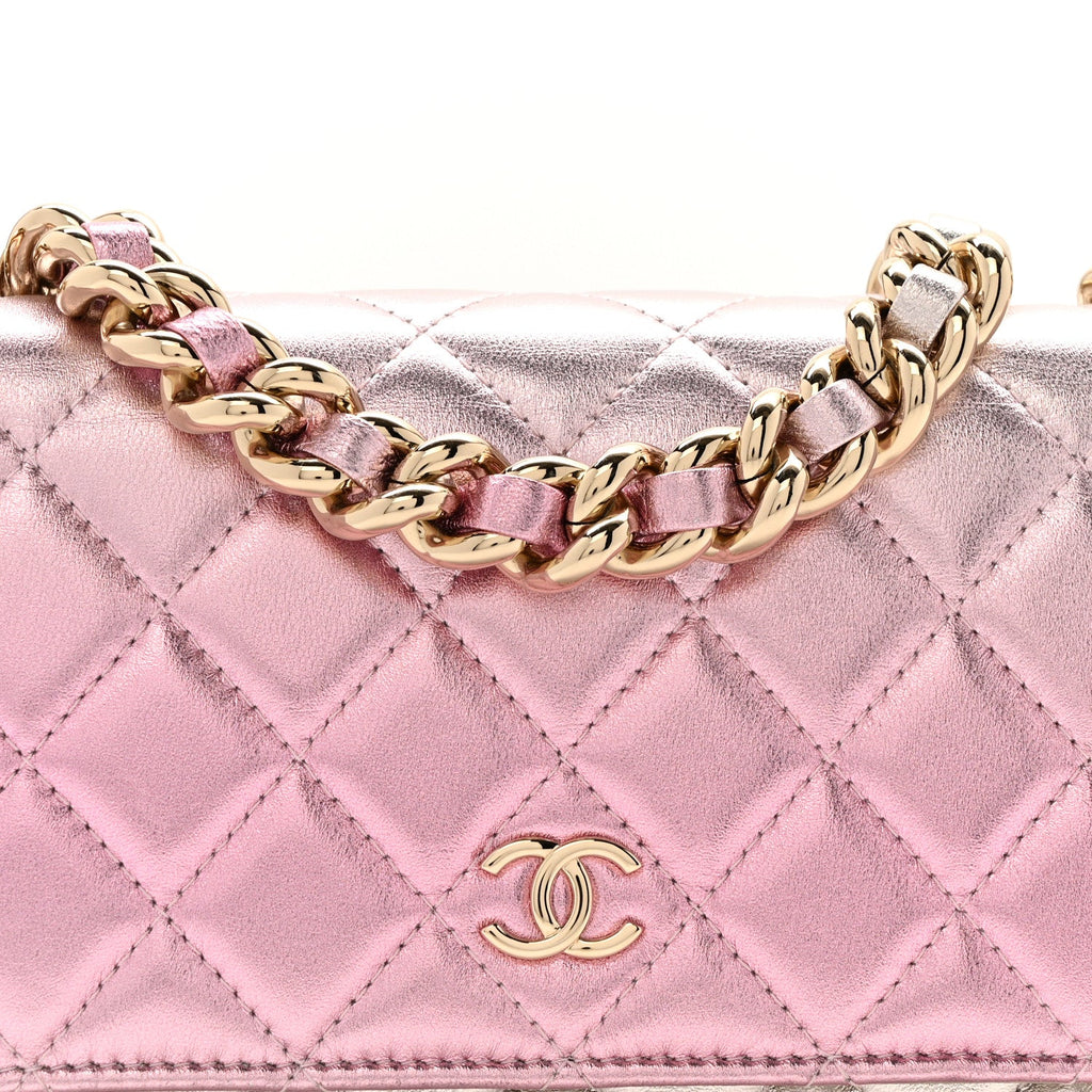 Gradient Metallic Lambskin Quilted Like A Wallet Wallet On Chain WOC Gold Pink wholesalehk.shop