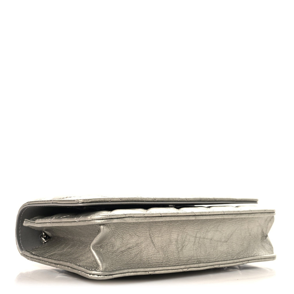 Metallic Crumpled Calfskin Quilted Flap Charm Wallet On Chain WOC Silver wholesalehk.shop