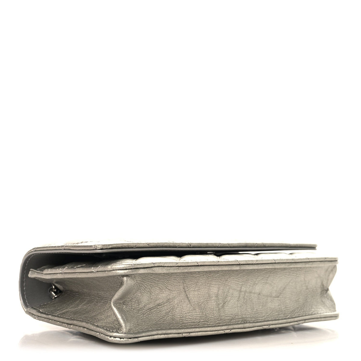 Metallic Crumpled Calfskin Quilted Flap Charm Wallet On Chain WOC Silver wholesalehk.shop