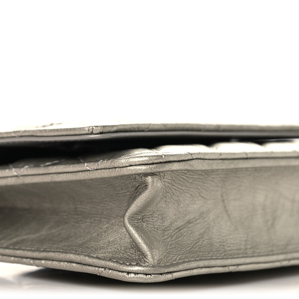 Metallic Crumpled Calfskin Quilted Flap Charm Wallet On Chain WOC Silver wholesalehk.shop