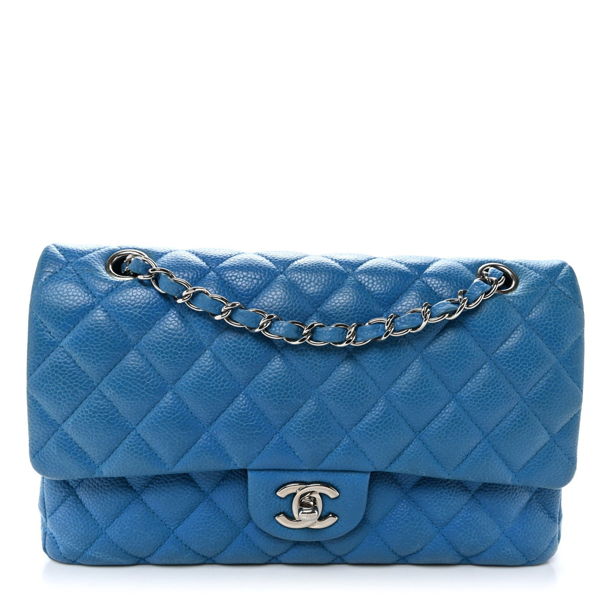 Iridescent Caviar Quilted Medium Double Flap Blue wholesalehk.shop