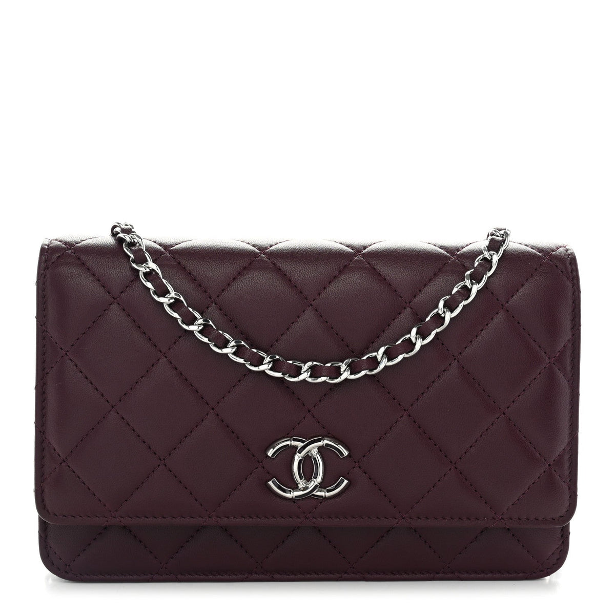 Lambskin Quilted Enamel CC Wallet On Chain WOC Burgundy wholesalehk.shop