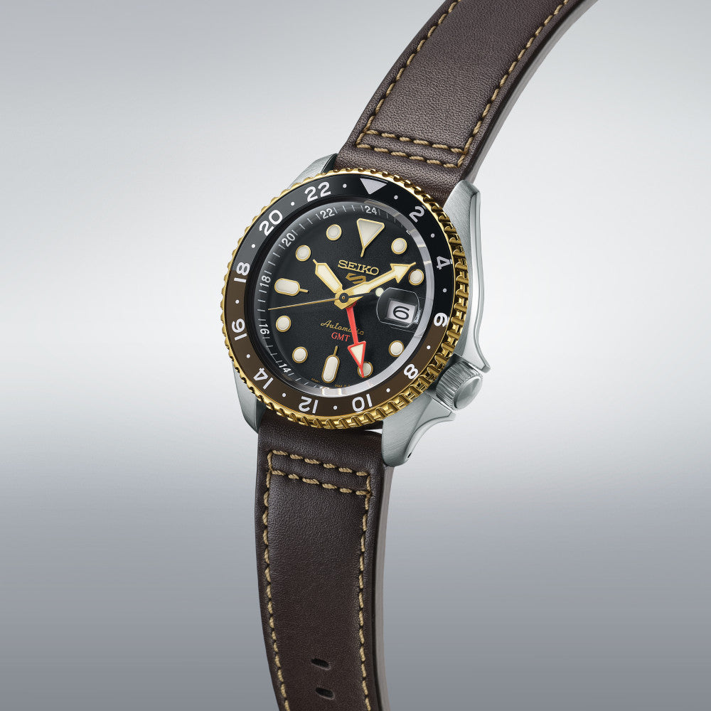 Seiko 5 Sports SKX GMT Automatic Mocha Black Dial Brown Leather Strap Watch For Men - SSK036K1 wholesalehk.shop