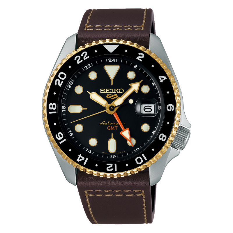 Seiko 5 Sports SKX GMT Automatic Mocha Black Dial Brown Leather Strap Watch For Men - SSK036K1 wholesalehk.shop
