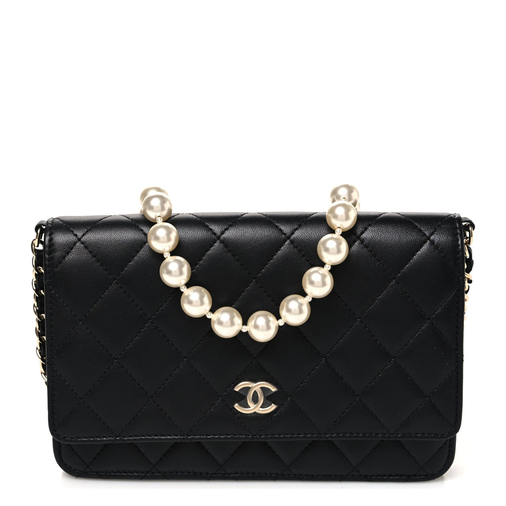 Lambskin Quilted Pearl Wallet On Chain WOC Black wholesalehk.shop