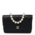 Lambskin Quilted Pearl Wallet On Chain WOC Black wholesalehk.shop