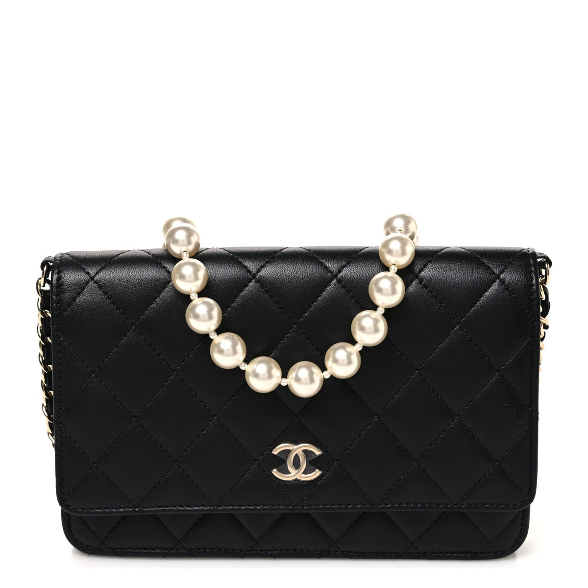 Lambskin Quilted Pearl Wallet On Chain WOC Black wholesalehk.shop
