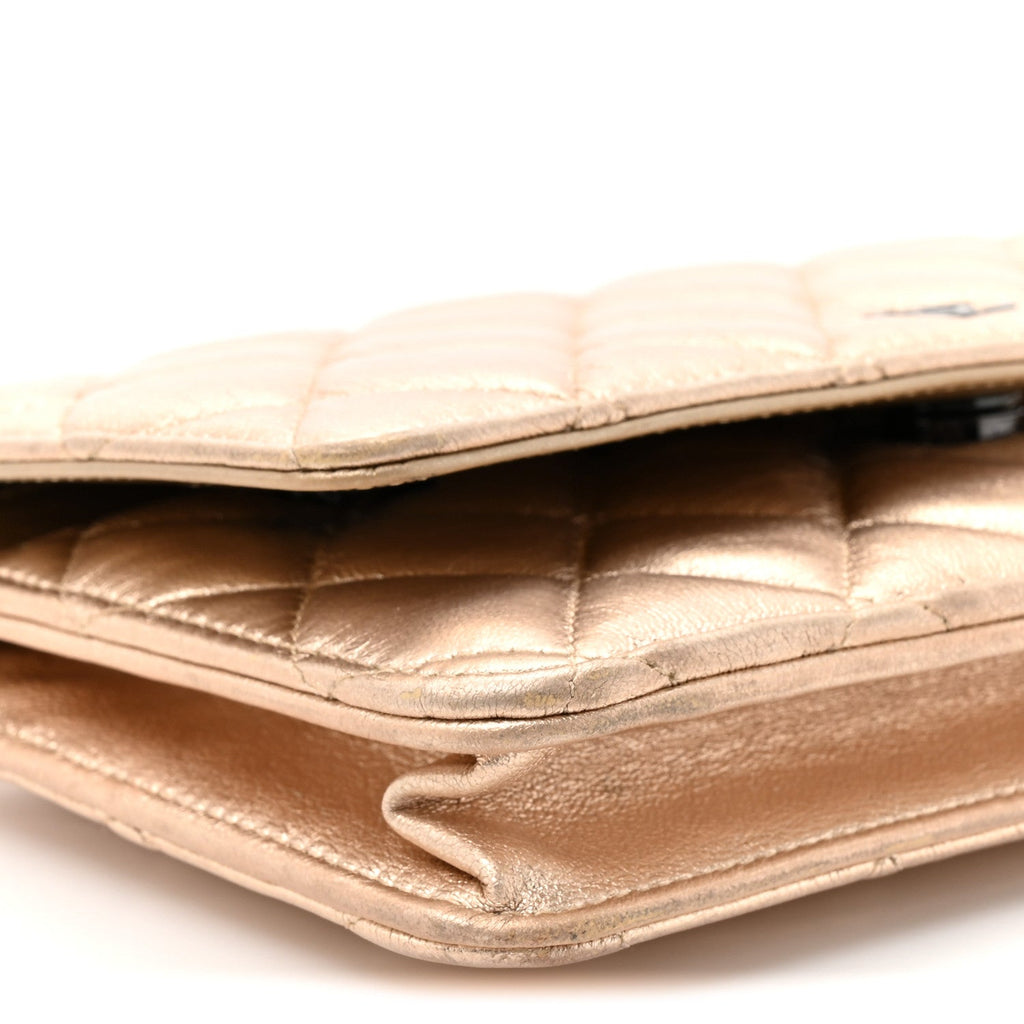 Metallic Lambskin Quilted Wallet On Chain WOC Gold Black wholesalehk.shop