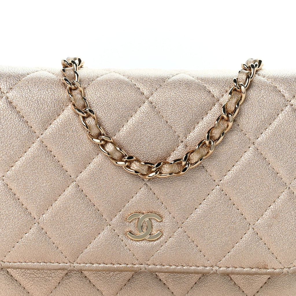 Metallic Lambskin Quilted Mini Wallet On Chain WOC Gold wholesalehk.shop